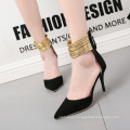 2019 Summer Plus Size Ladies Sandals Pure Color Suede Pointed Toe Wide Width Thin Heel D'Orsay Pumps Gold Ankle Strap Pumps